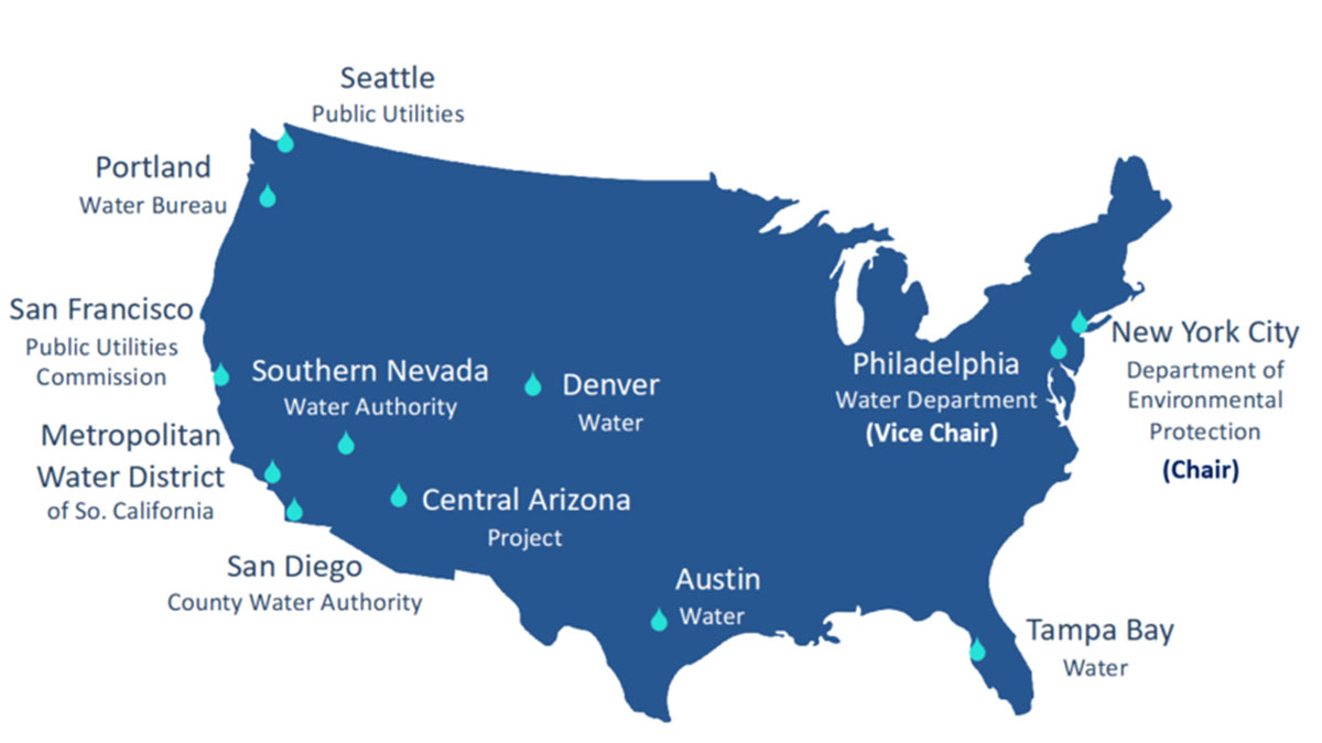 Map of United States with member agency cities pinpointed
